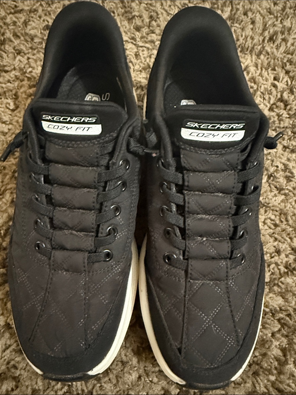 Skechers Cozy Fit Women's Black Quilted Athletic Sneakers with White Sole Trim
